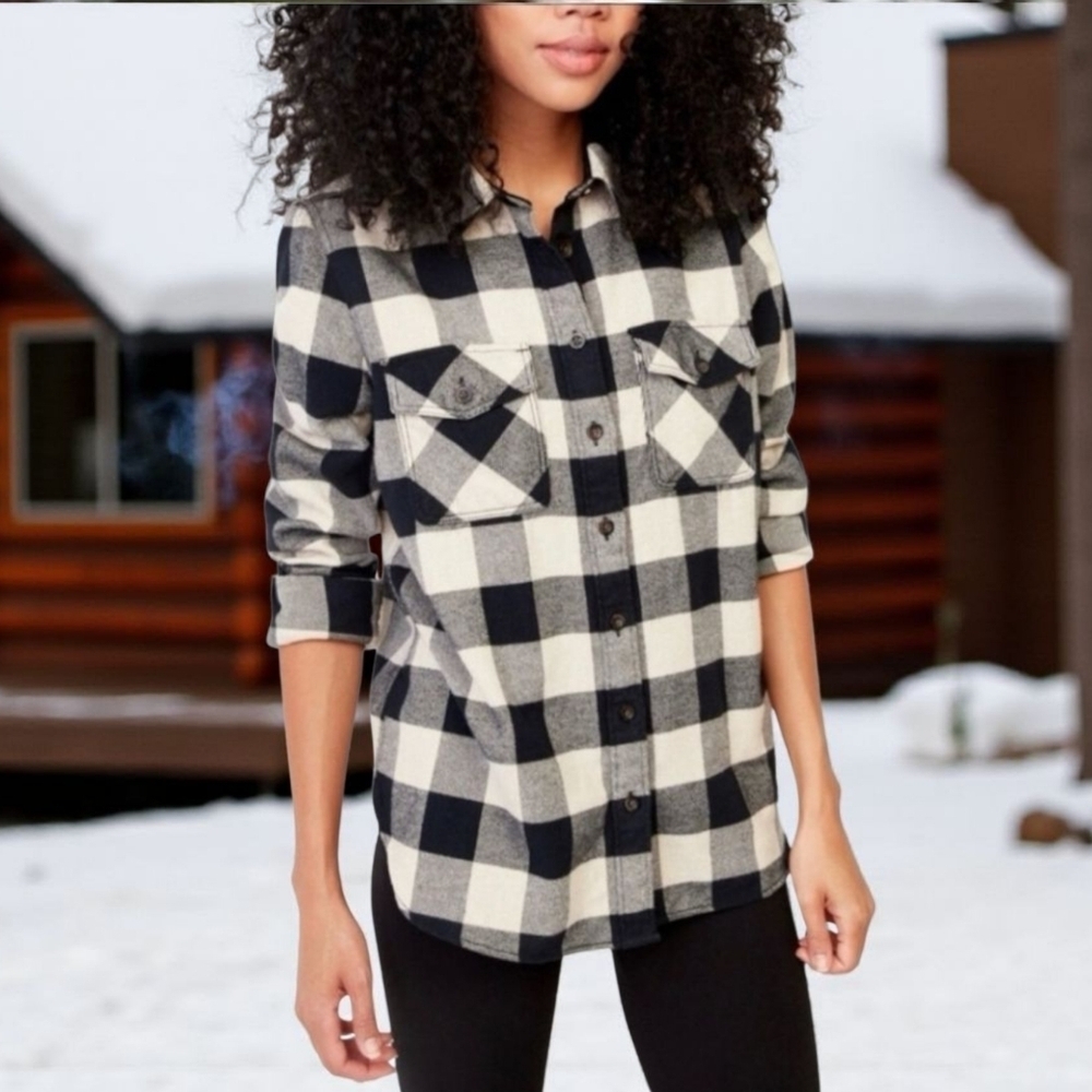 Roots Plaid Flannel Shirt Black & White 100% Cotton Long Sleeve Unisex Size L